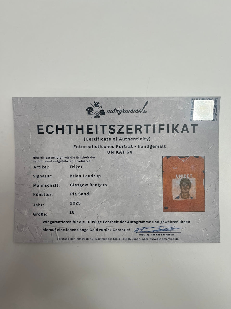 Glasgow Rangers Shirt Portrait Brian Laudrup, hand-painted and signed