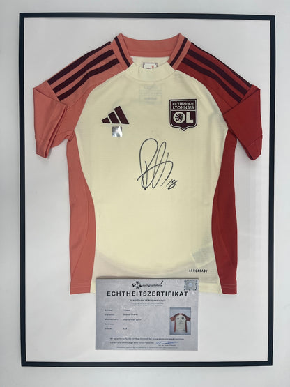 Olympique Lyon jersey signed by Rayan Cherki, framed COA, Adidas football, size 128