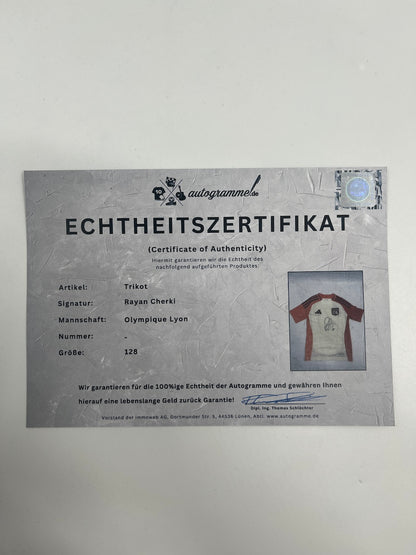 Olympique Lyon jersey signed by Rayan Cherki, framed COA, Adidas football, size 128