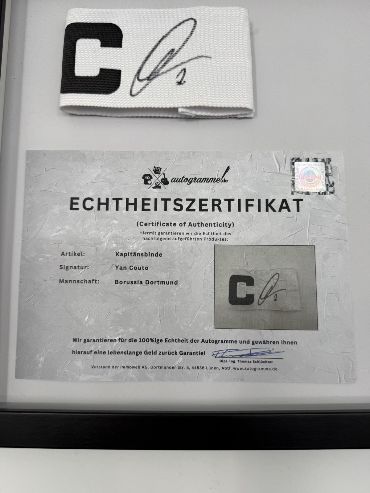 Kapitänsbinde Yan Couto signiert im Rahmen Borussia Dortmund neu COA