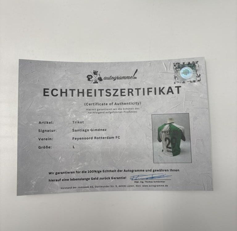 Feyenoord Rotterdam Trikot Santiago Giménez signiert Autogramm COA L