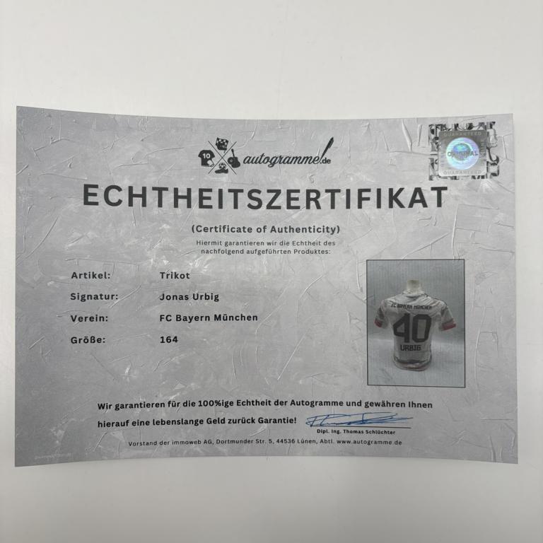 Bayern München Trikot Jonas Urbig signiert Autogramm Adidas COA 164