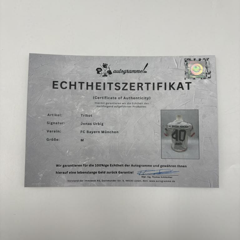 Bayern München Trikot Jonas Urbig signiert Autogramm Adidas COA M