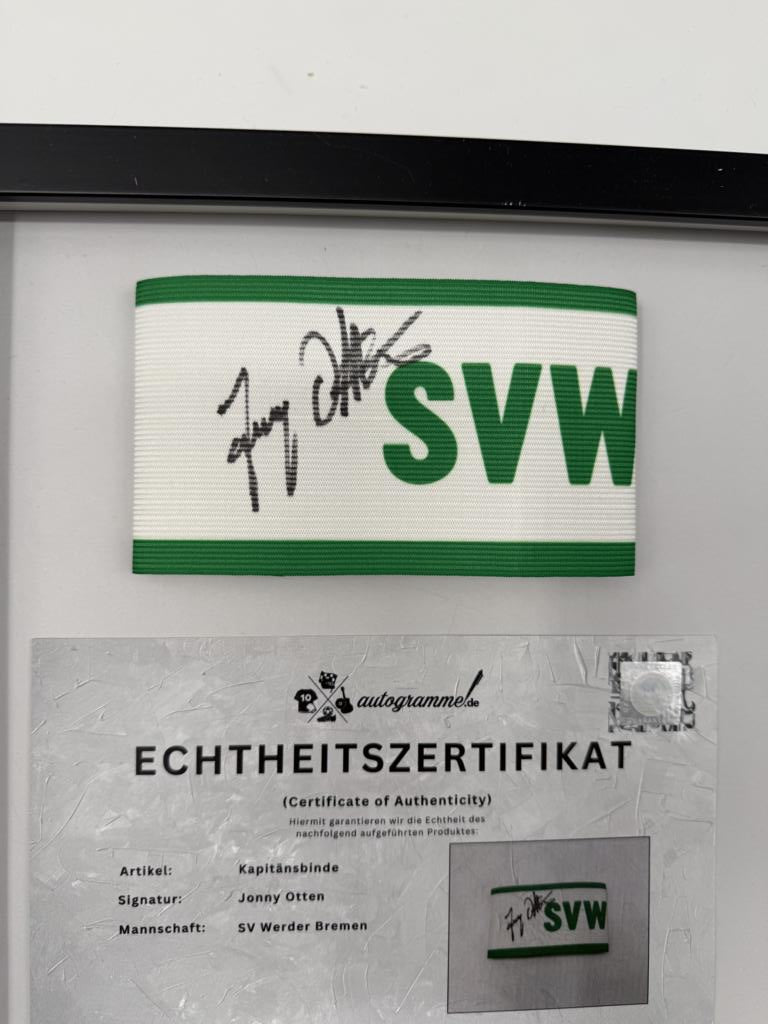 Kapitänsbinde Jonny Otten signiert im Rahmen Werder Bremen COA Fußball
