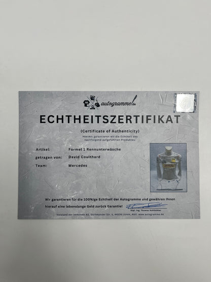 David Coulthard Formel 1 original getragene Rennunterwäsche COA