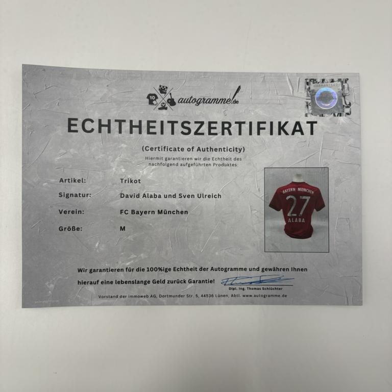 Bayern München Trikot David Alaba und Sven Ulreich signiert Adidas COA Autogramm M
