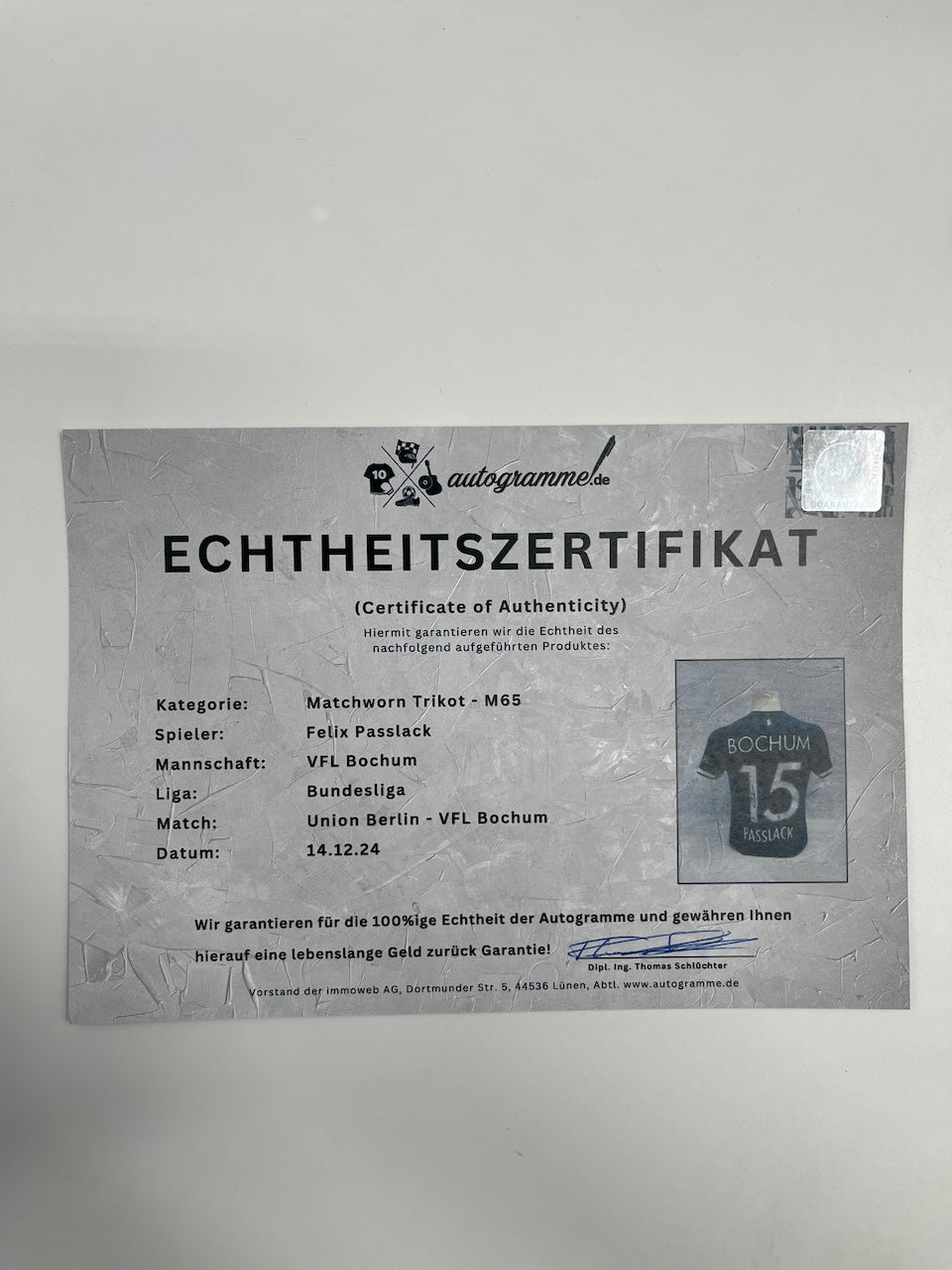 Matchworn VfL Bochum Trikot getragen & signiert von Felix Passlack 14.12.24