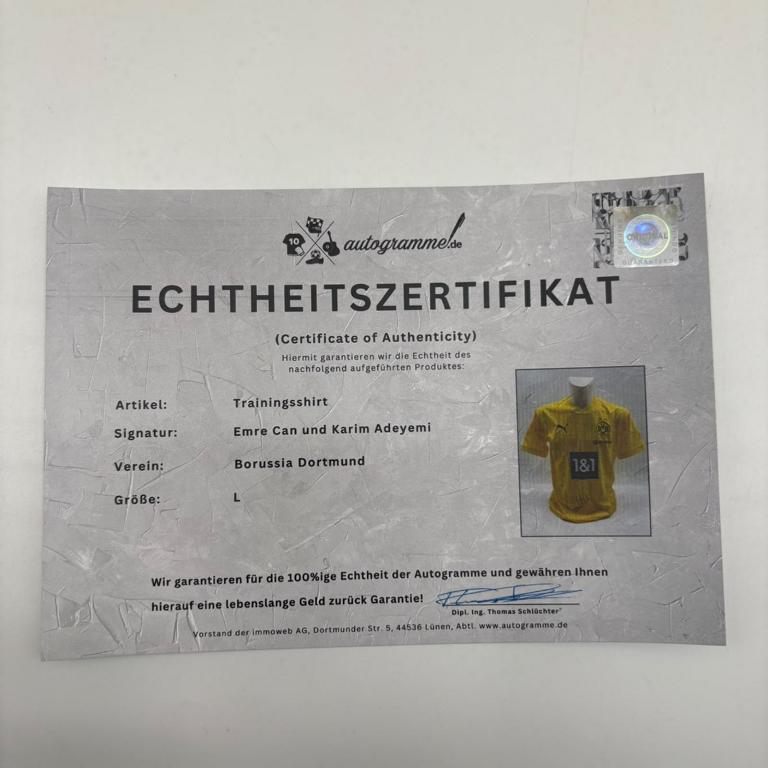 Borussia Dortmund Trainingsshirt Emre Can und Karim Adeyemi signiert Puma COA  Autogramm L