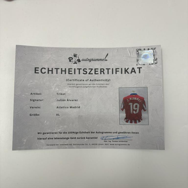 Atletico Madrid Trikot COA Julian Alvarez signiert Autogramm Nike XL