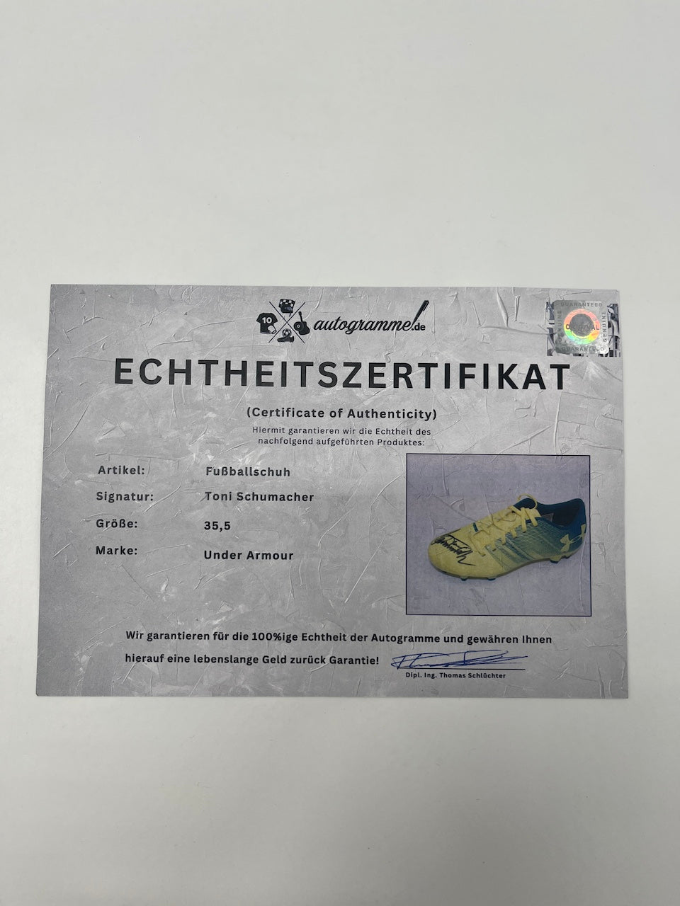 Fußballschuh Toni Schumacher signiert Fußball Autogramm Under Armour