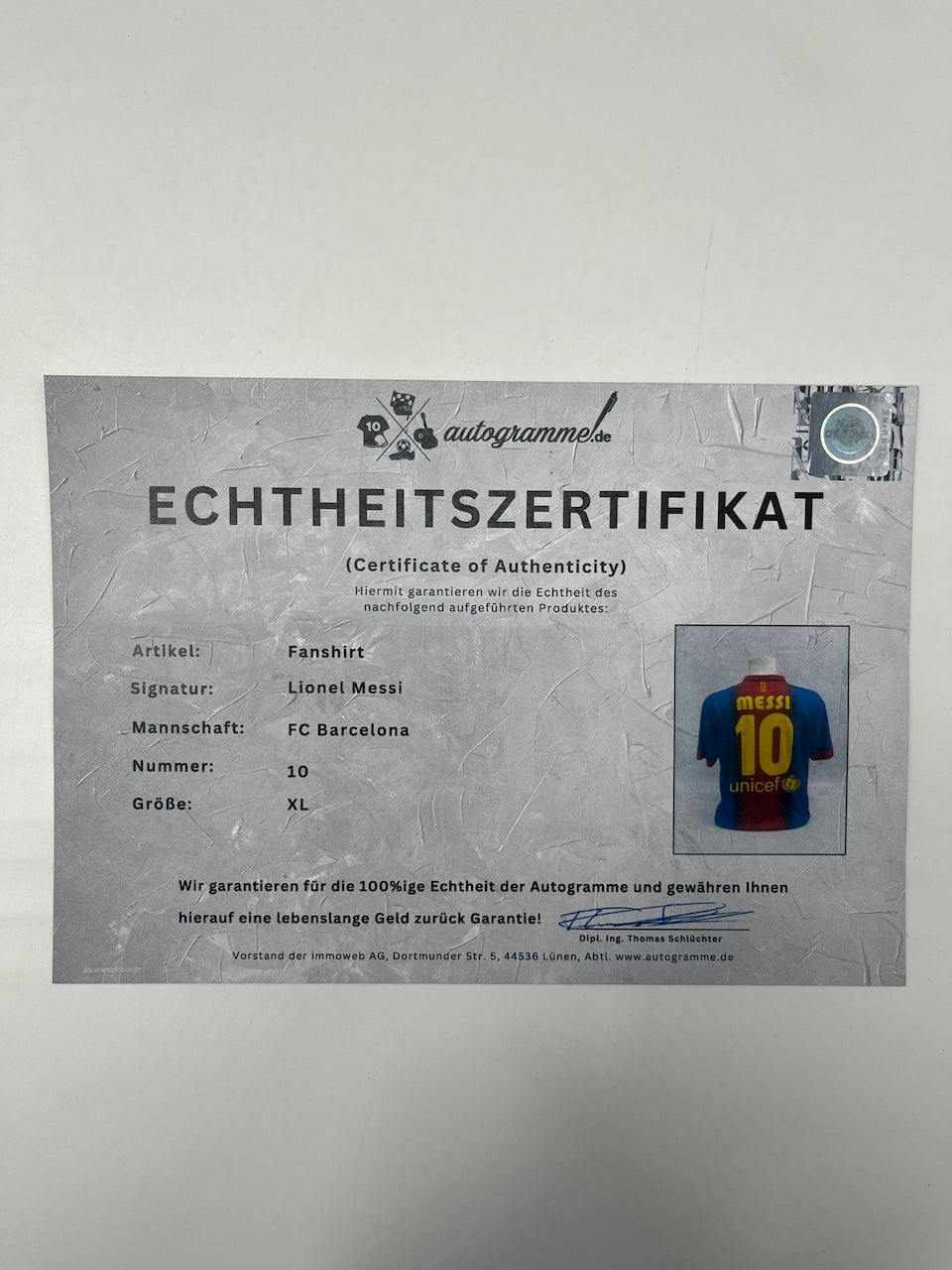 FC Barcelona Fanshirt Lionel Messi signiert Autogramm COA XL