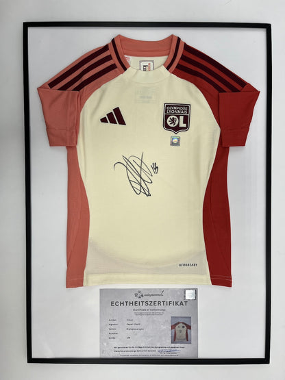 Olympique Lyon jersey signed by Rayan Cherki in an Adidas football frame, item number 128