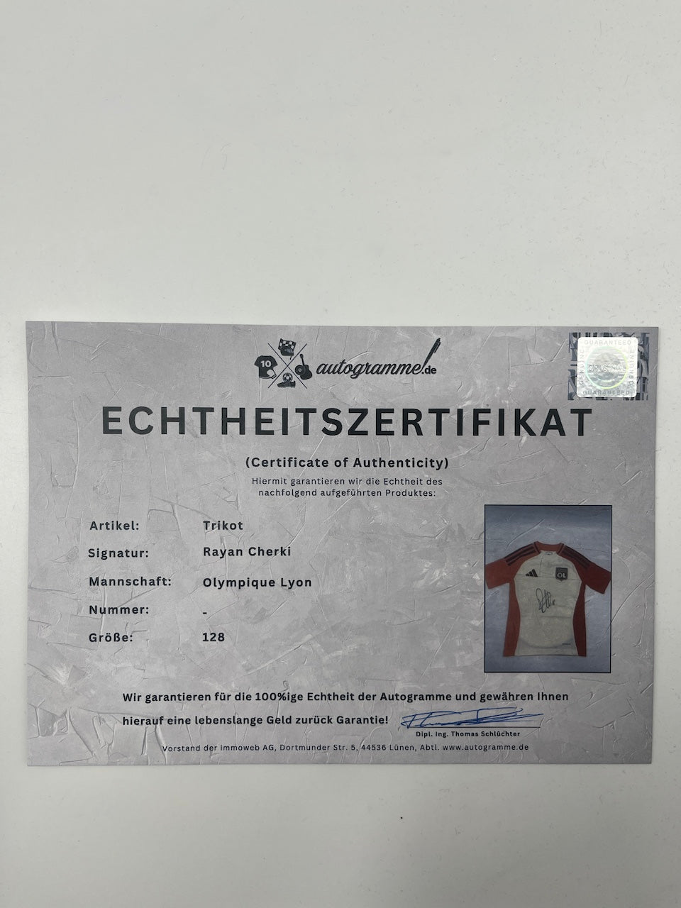 Olympique Lyon Trikot Rayan Cherki signiert im Rahmen Adidas COA 128