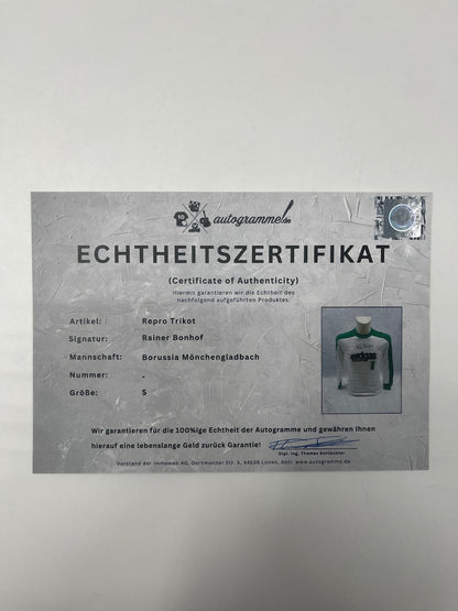 Reproduction Borussia Mönchengladbach jersey, signed by Rainer Bonhof, autograph S