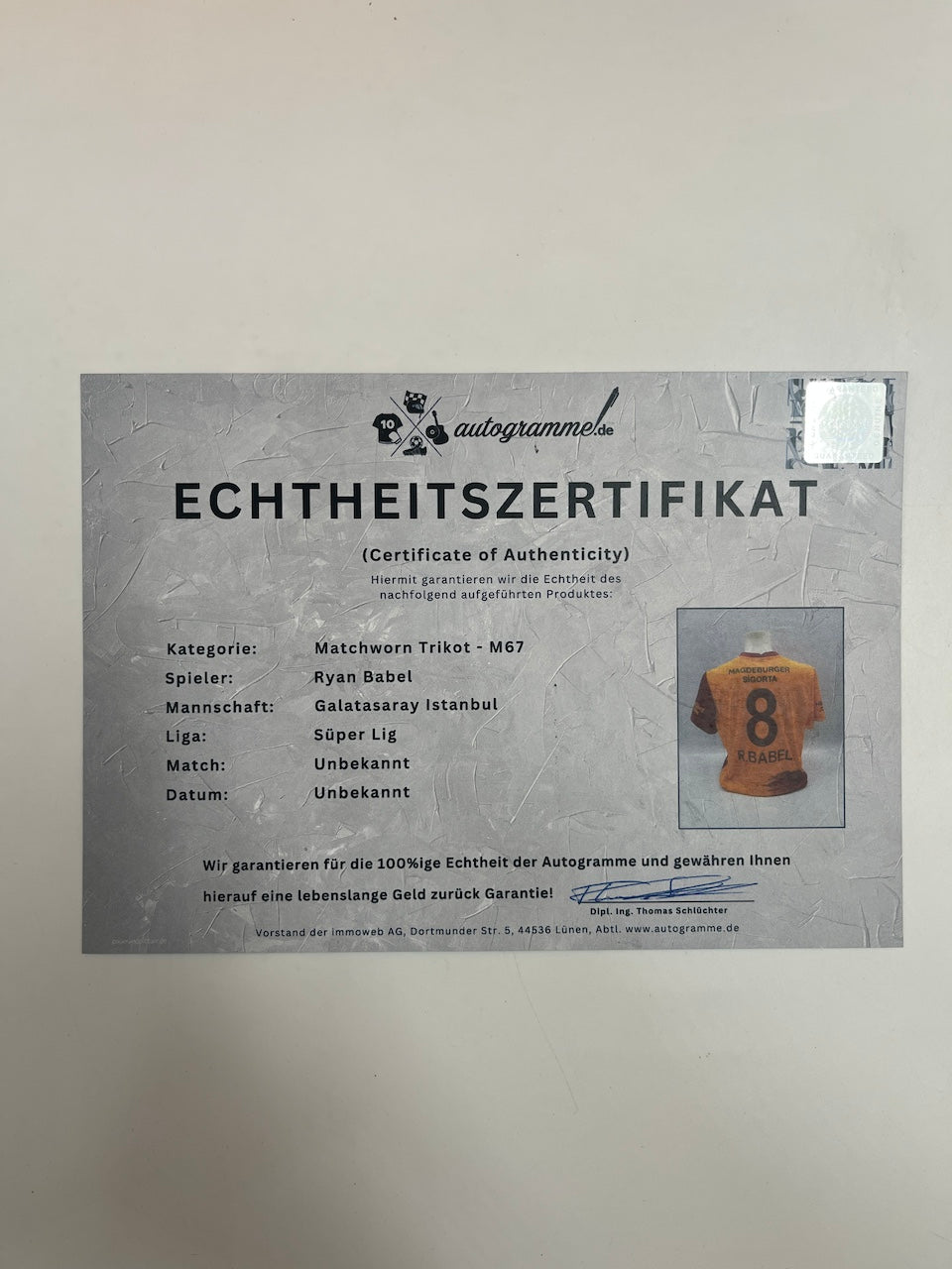 Matchworn Galatasaray Istanbul Trikot getragen& signiert von Ryan Babel XL