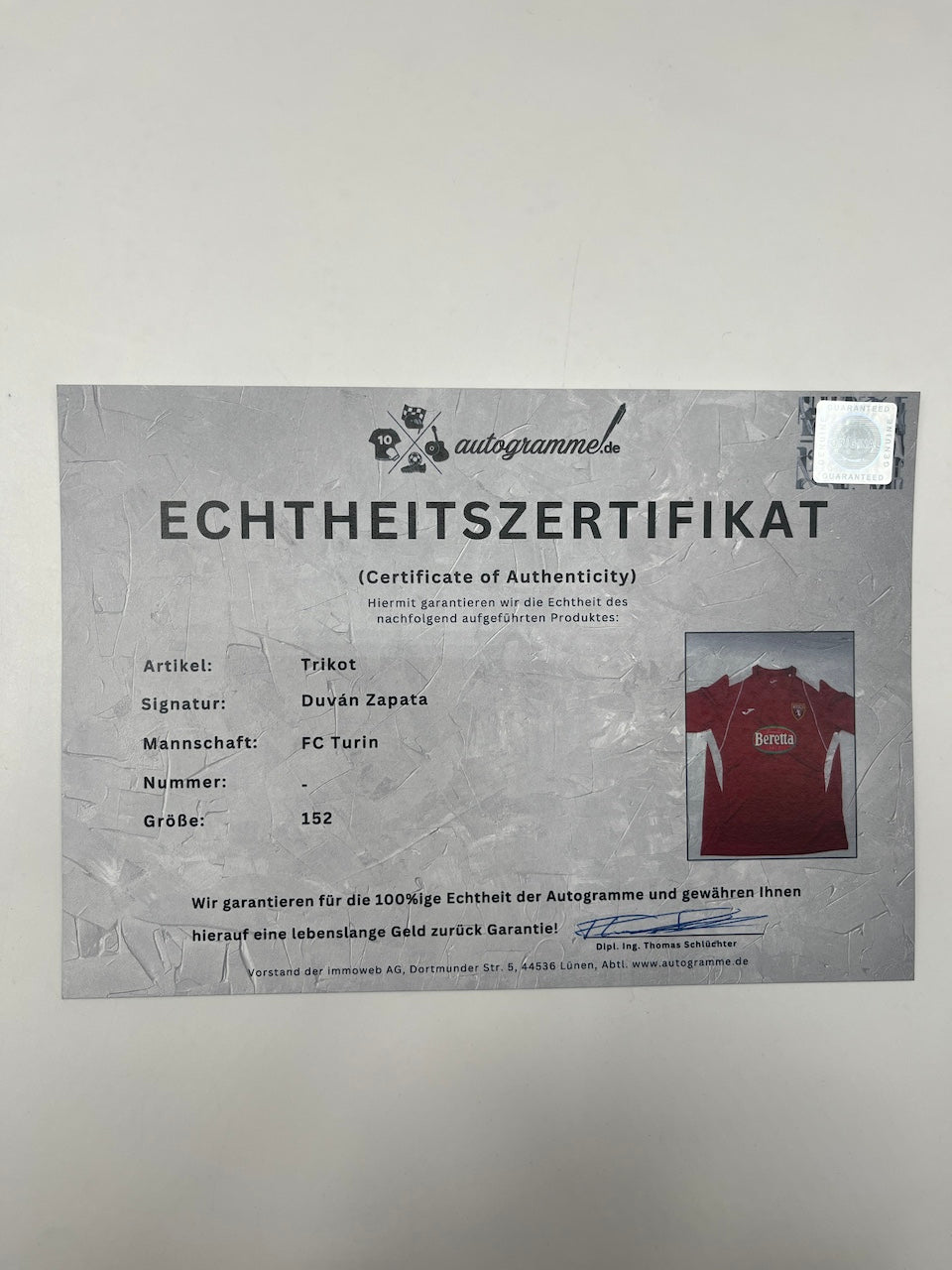FC Turin Trikot Duvan Zapata signiert Autogramm COA 2XS