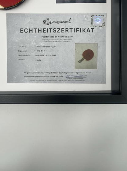 Tischtennisschläger Timo Boll signiert im Rahmen Autogramm Borussia Düsseldorf