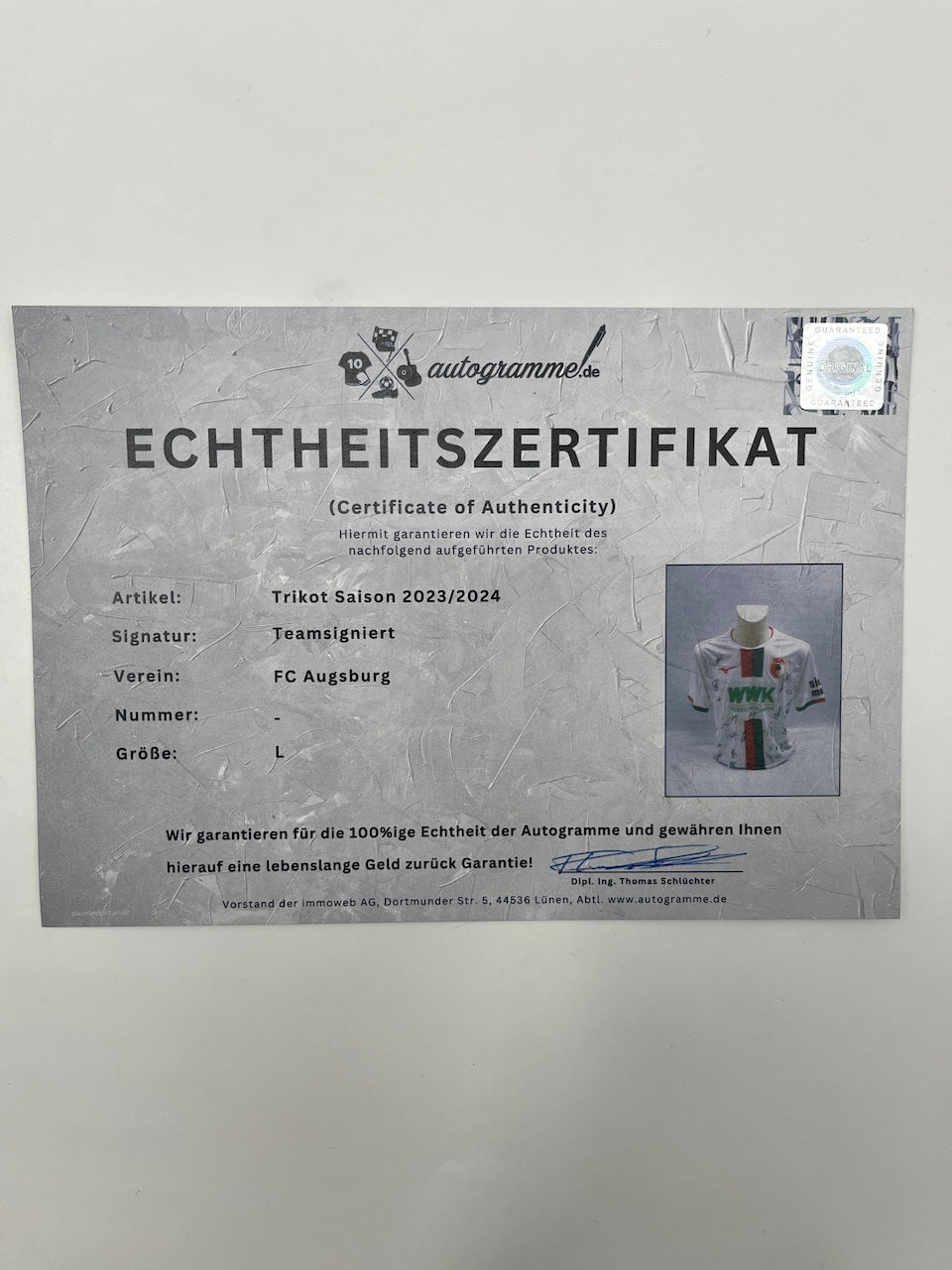 FC Augsburg Trikot 2023/2024 Teamsigniert COA Bundesliga L