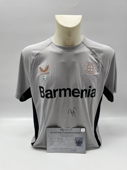 Bayer Leverkusen training shirt signed by Piero Hincapie, Castore L