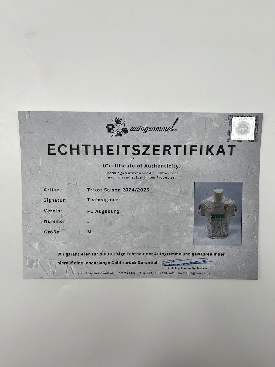 FC Augsburg Trikot 2024/2025 Teamsigniert COA Bundesliga M