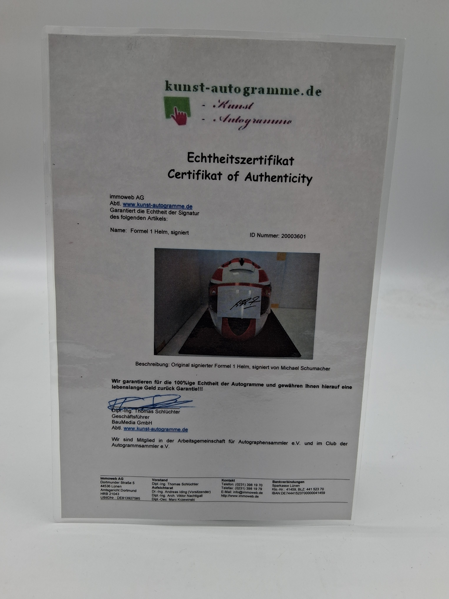 Michael Schumacher Formel 1 Replica Helm signiert in Vitrine Autogramm COA 1:1