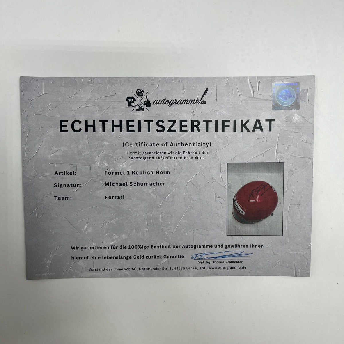 Michael Schumacher Formel 1 Helm Rot Unterschrift und Echtheitszertifikat 1:1