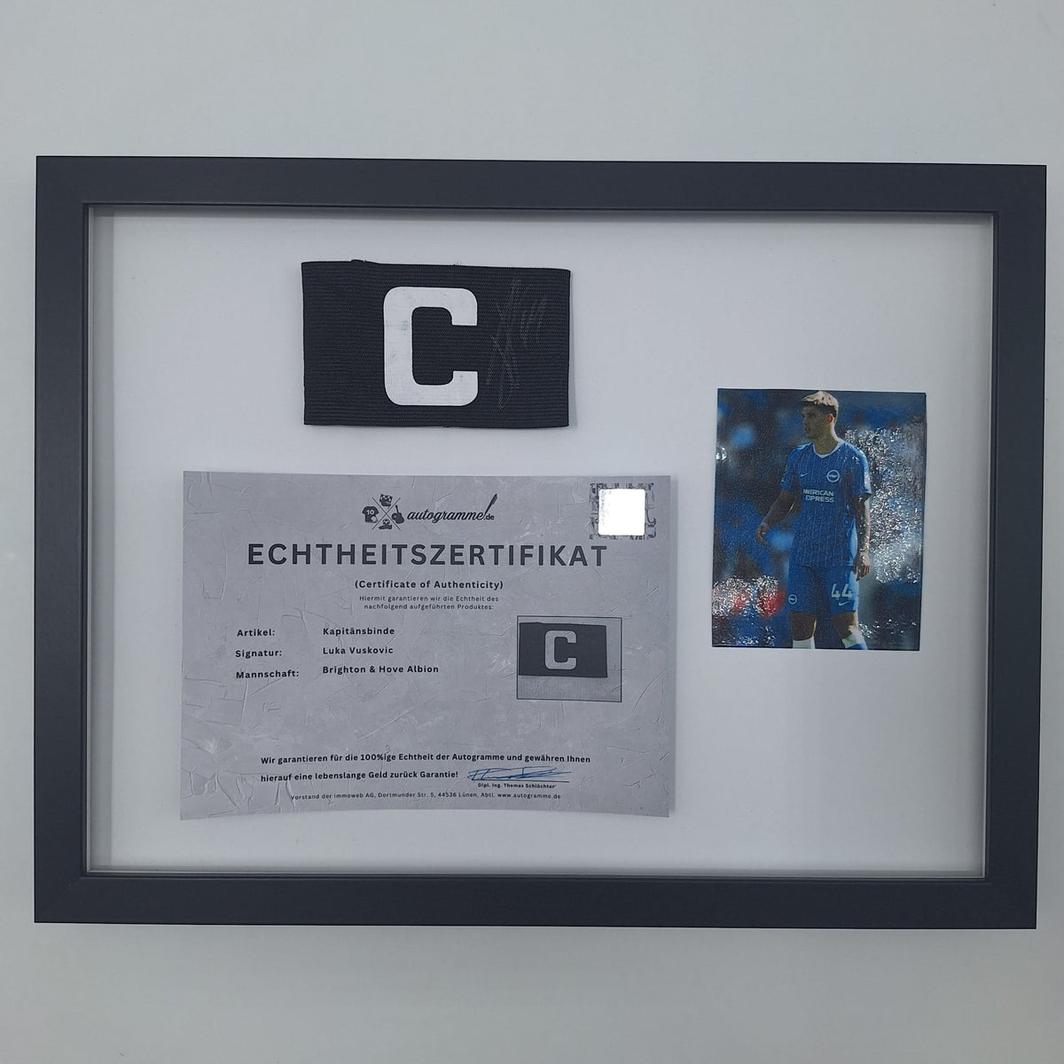 Kapitänsbinde Luka Vuskovic signiert im Rahmen Autogramm Brighton & Hove Albion
