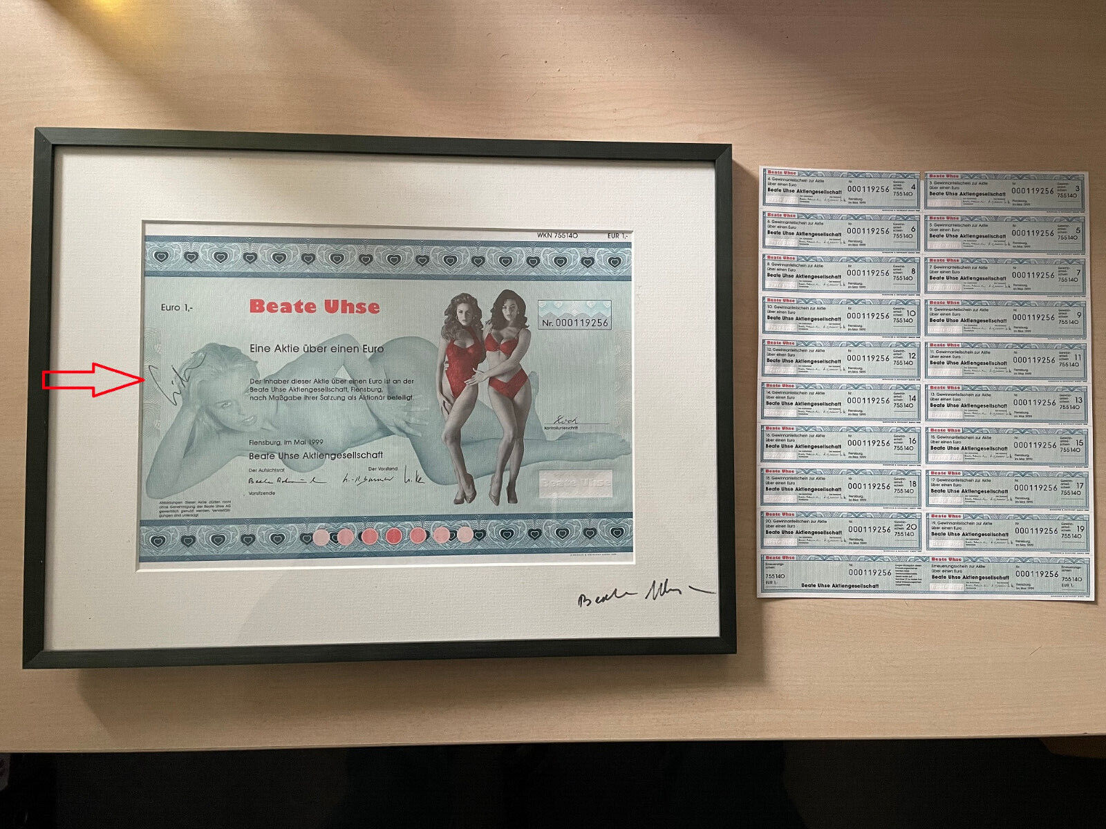 Original Beate Uhse share, signed and framed - autograph Uhse and Lindemann