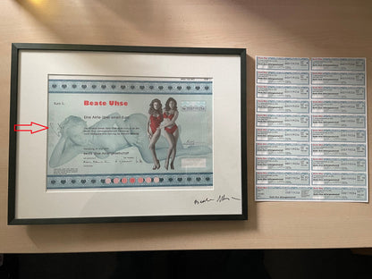 Original Beate Uhse Aktie, signiert und gerahmt - Autogramm Uhse und Lindemann