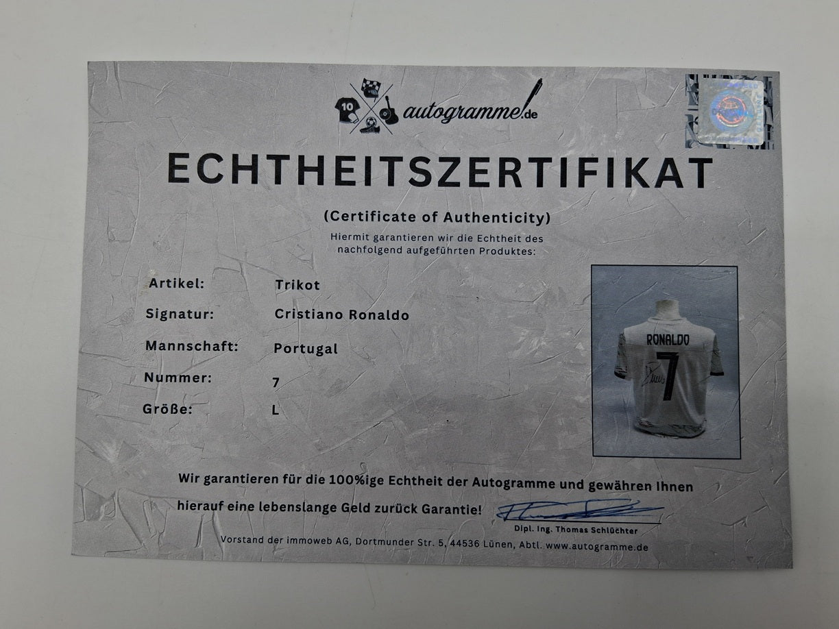 Portugal Trikot Cristiano Ronaldo signiert Autogramm COA Fußball weiß L