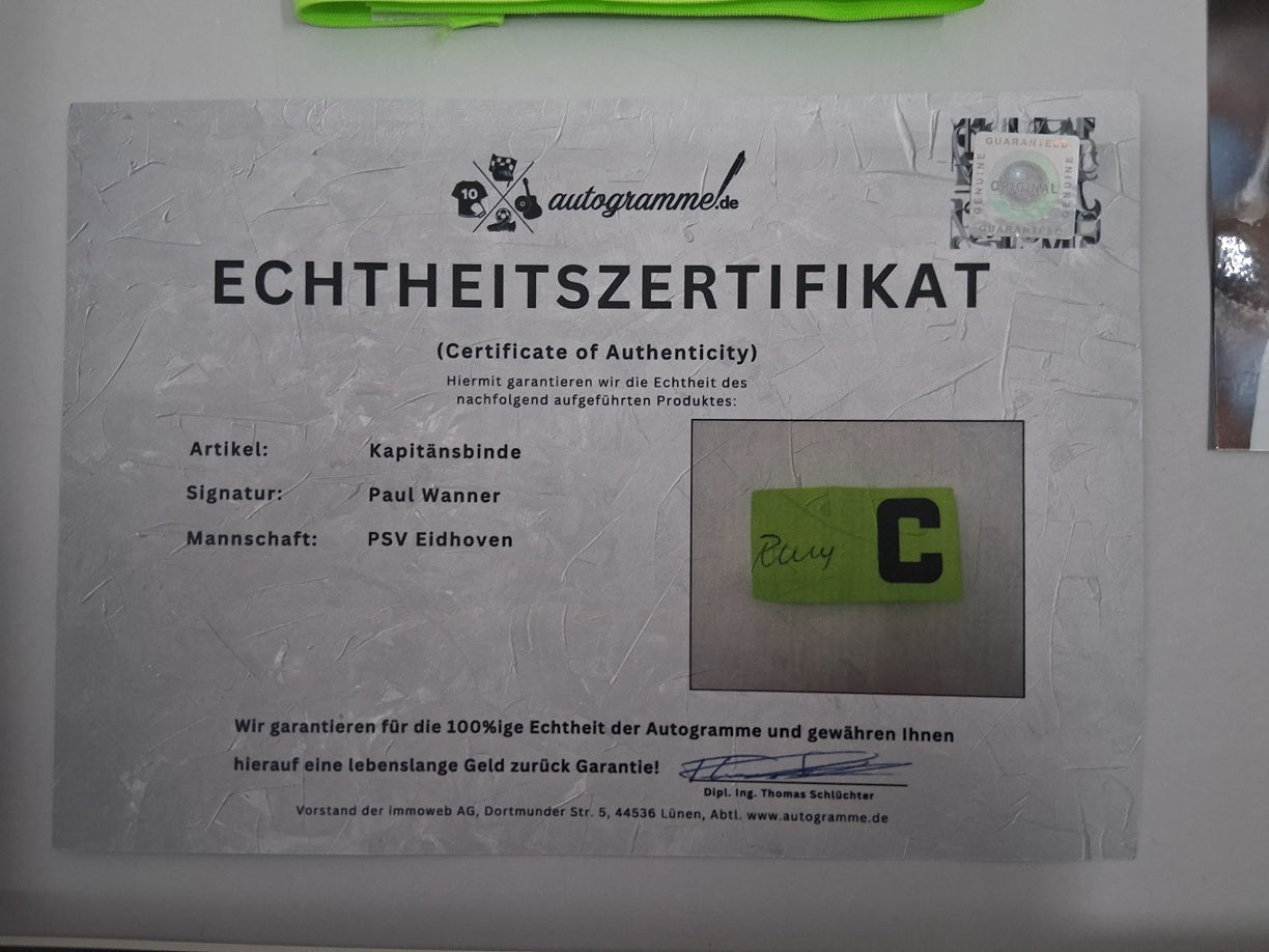 Kapitänsbinde Paul Wanner signiert im Rahmen PSV Eindhoven Autogramm Niederlande