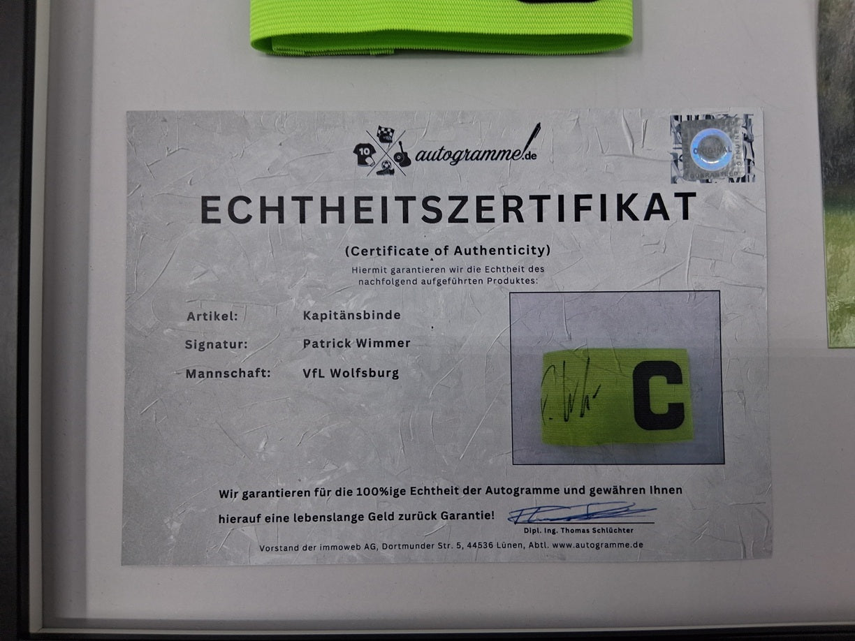 Kapitänsbinde Patrick Wimmer signiert im Rahmen VFL Wolfsburg Autogramm COA