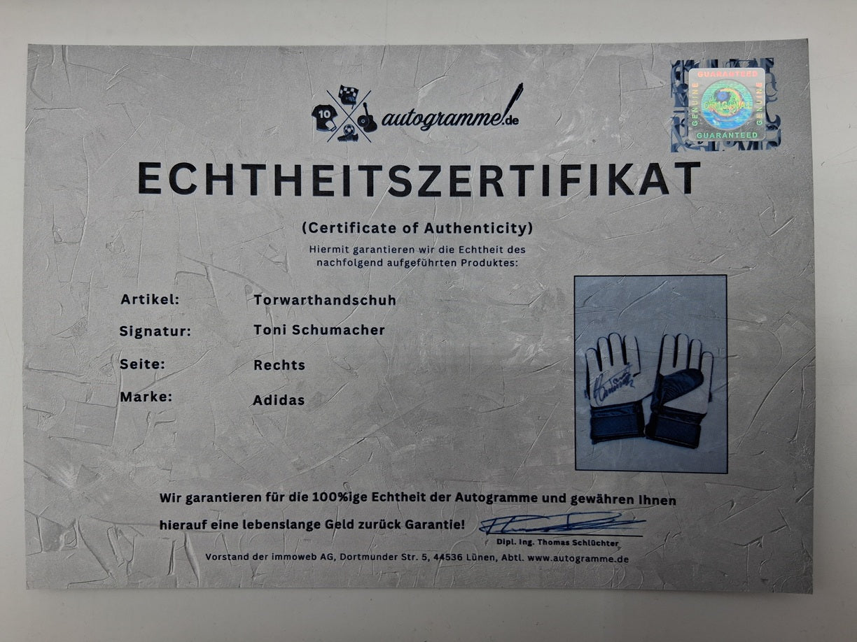 Torwarthandschuh Toni Schumacher signiert im Rahmen Autogramm Fußball