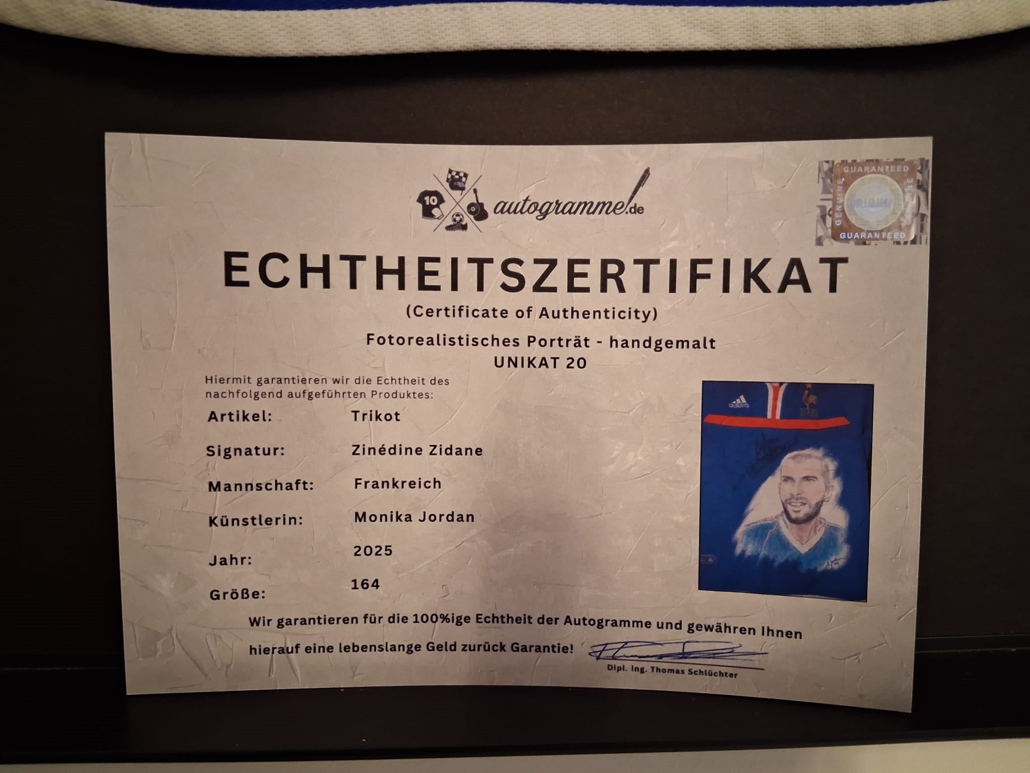 France jersey portrait zinedine zidane hand painted and signed in the framework 164