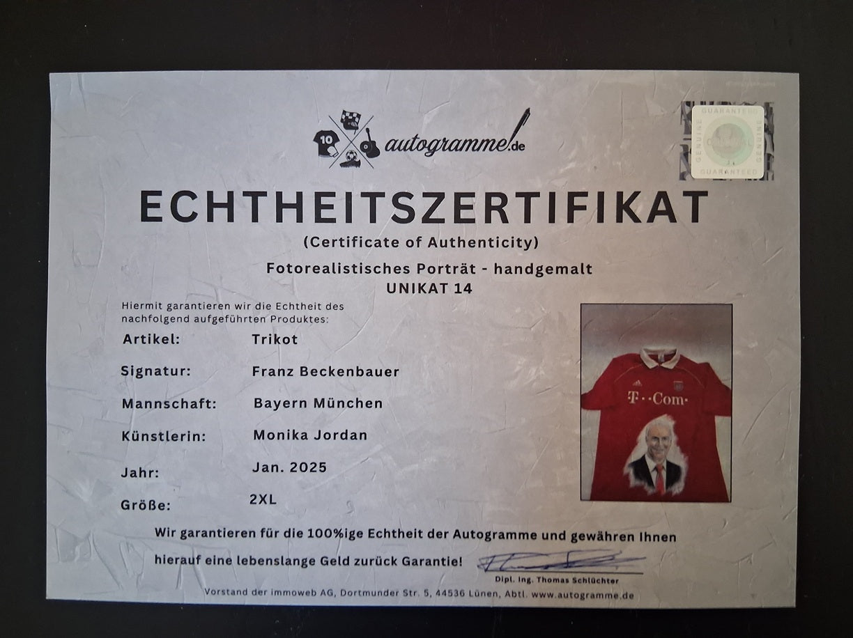 Bayern München Trikot Portrait Franz Beckenbauer handgemalt und signiert im Rahmen 2XL