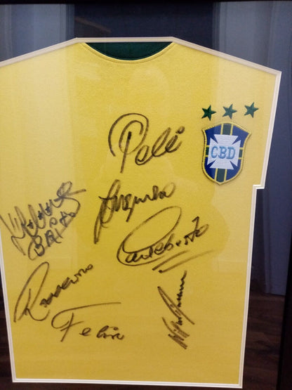 Brasilien Repro Trikot WM 1970 + Rahmen Teamsigniert Autogramm Pele Rivelino COA
