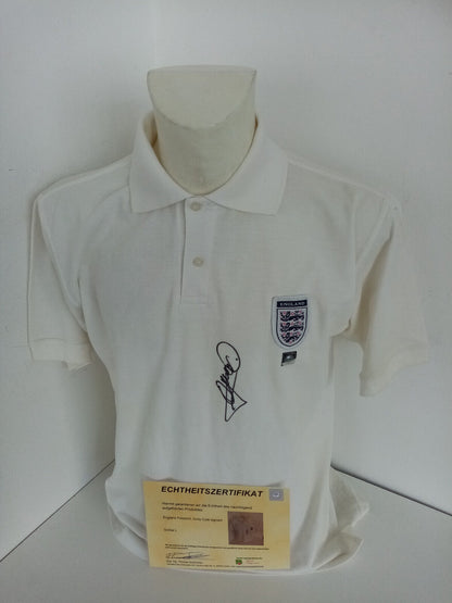 England Poloshirt Andy Cole signiert Autogramm Fußball Three Lions COA Trikot L
