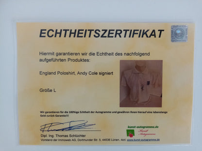 England Poloshirt Andy Cole signiert Autogramm Fußball Three Lions COA Trikot L