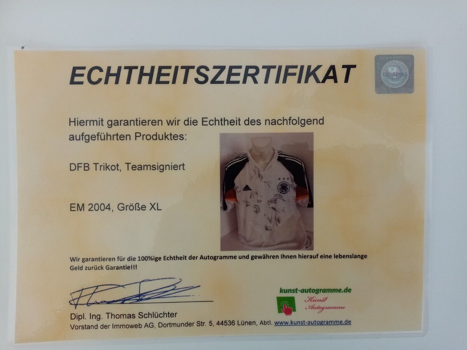 Deutschland Trikot EM 2004 Teamsigniert DFB Fußball Autogramm Adidas COA Euro XL