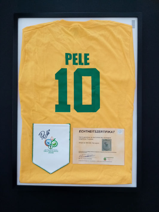 Wimpel der WM 2006 Pele signiert im Rahmen + Brasilien Shirt COA Neu M