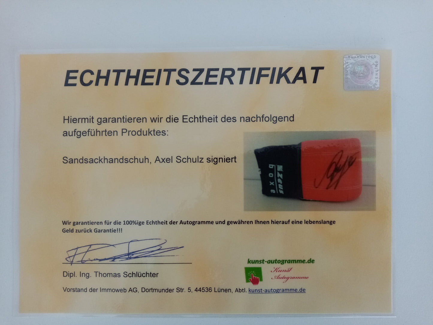 Sandsackhandschuh Axel Schulz signiert Autogramm Unterschrift Boxen Neu COA